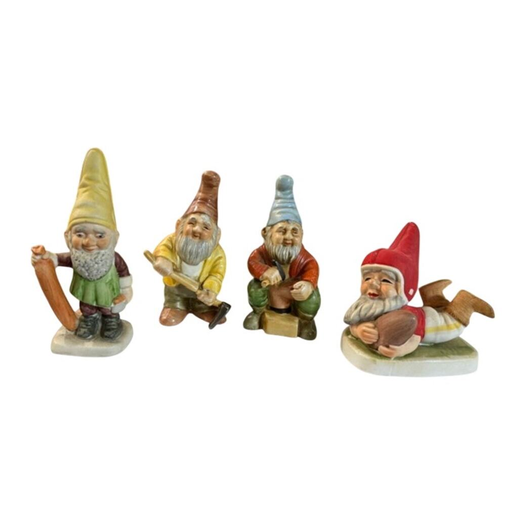 Vtg Gnome Figurines Lot of 4 Enesco FBIA LEGO Taiwan Ceramic Porcelain Dwarfs
